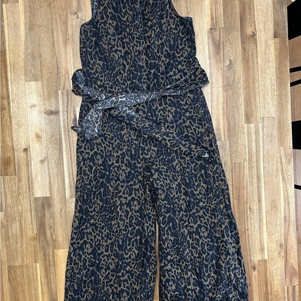 Banana Republic Linen Cotton Wide Leg Cropped Jumpsuit Pockets Animal Print Sz 2